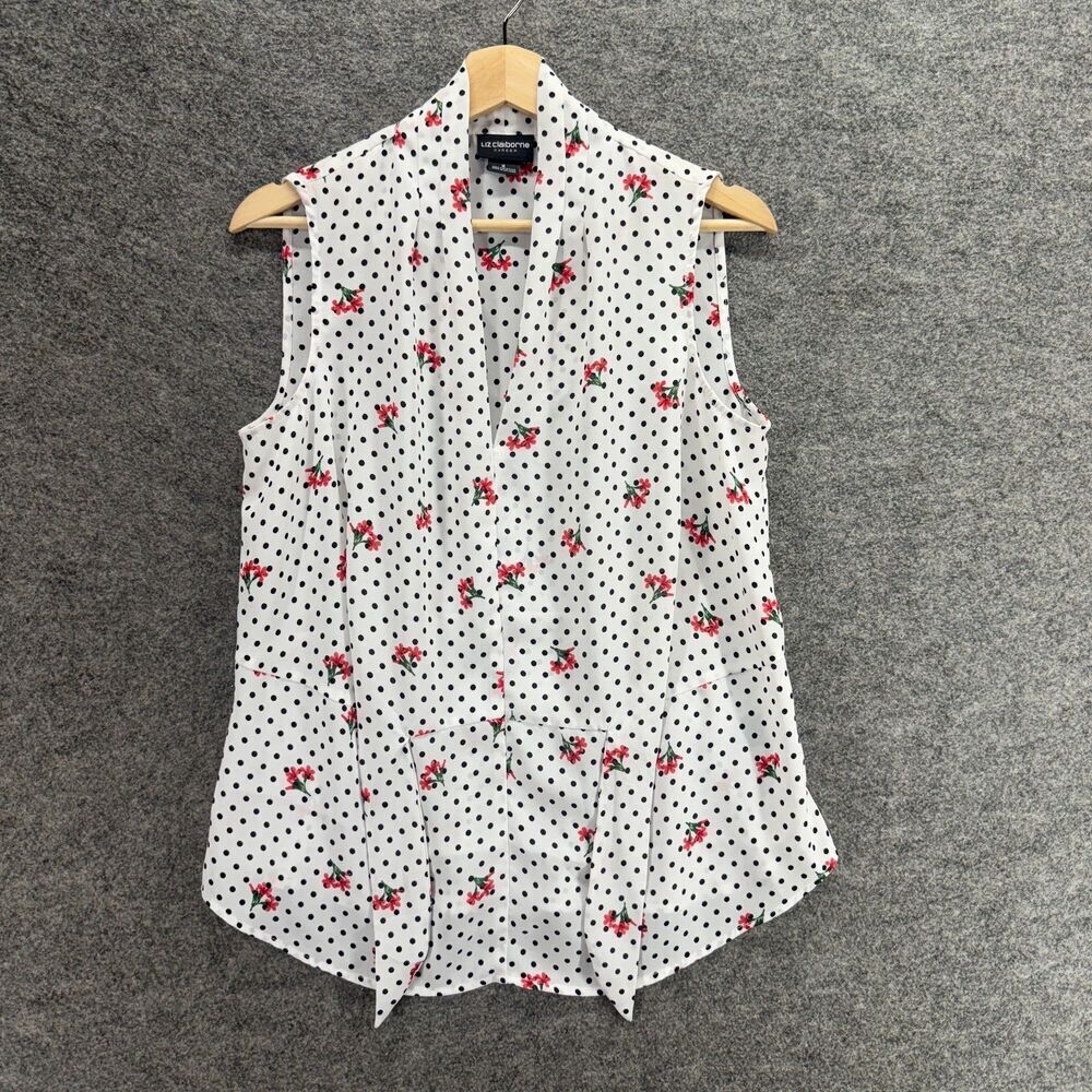 Liz Claiborne Blouse Women M Medium White Polka Dot V-Neck Sleeveless Tie Up